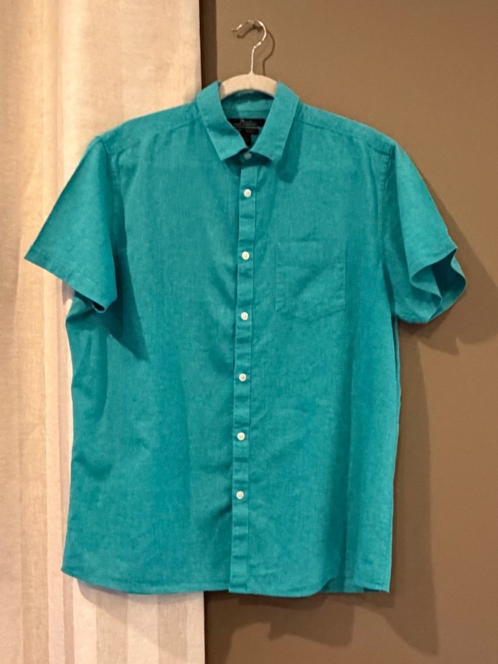 Marc Anthony Linen Aqua Short Sleeve Slim Fit Shirt, Spring Summer, Size Large
